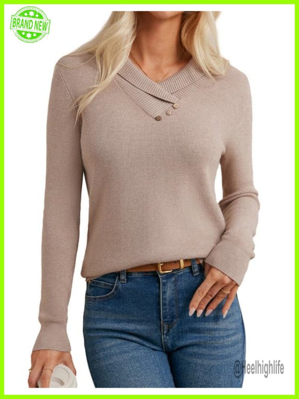Women Long Sleeve V Neck Collar Knit Pullover Sweater